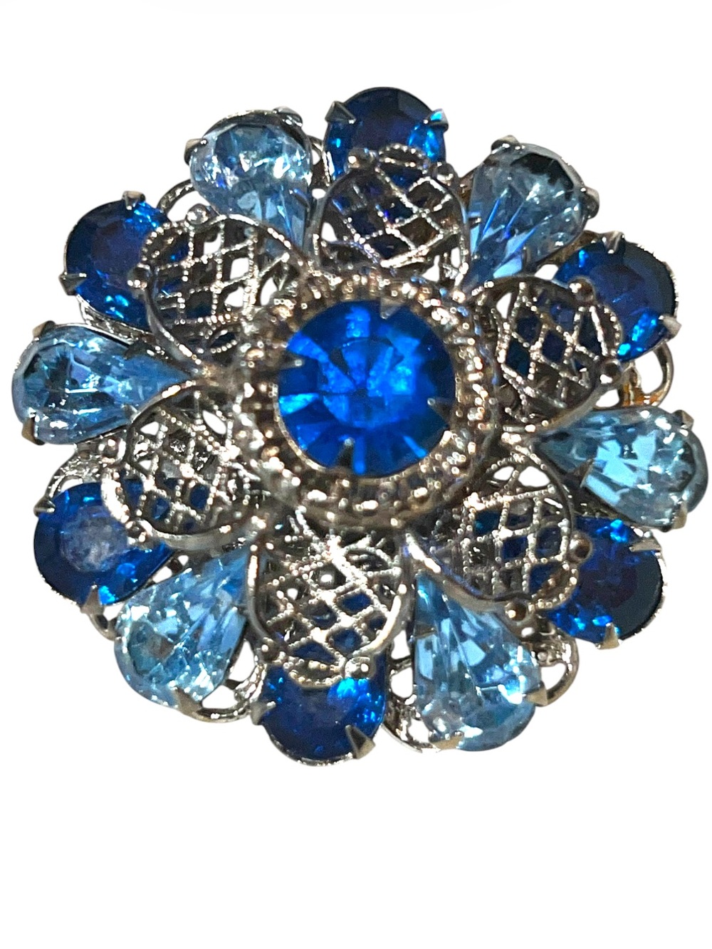 Vintage Blue Crystal Filigree Flower Silver Tone Statement Brooch